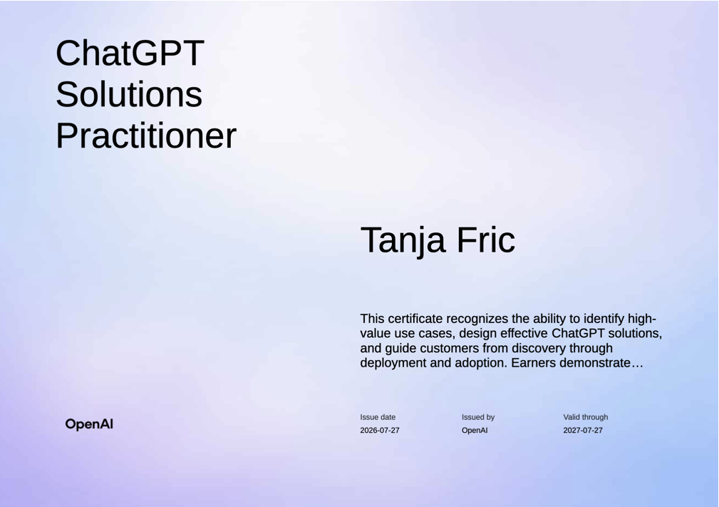 Certifikat ChatGPT Solutions Practitioner – OpenAI, Tanja Fric (GoDigi AI)