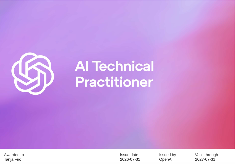 Certifikat AI Technical Practitioner – OpenAI, Tanja Fric (GoDigi AI)
