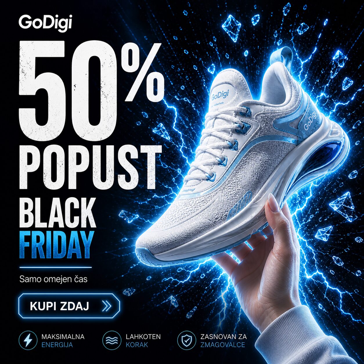 GoDigi Black Friday oglas v kvadratnem formatu 1:1 za Facebook in Instagram