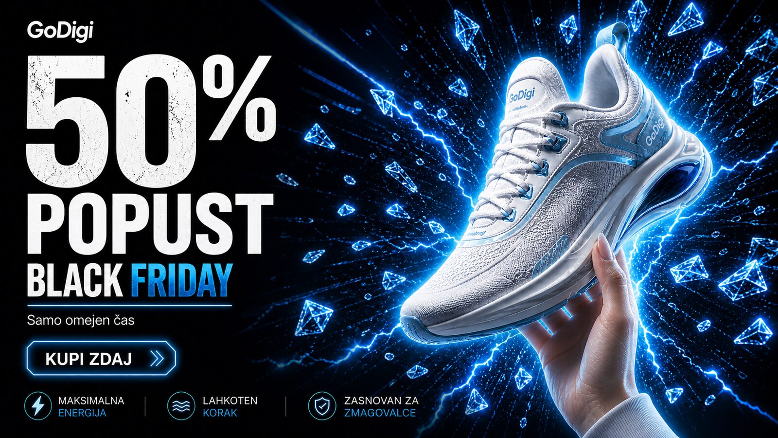GoDigi Black Friday oglas v ležečem formatu 16:9 za spletni banner