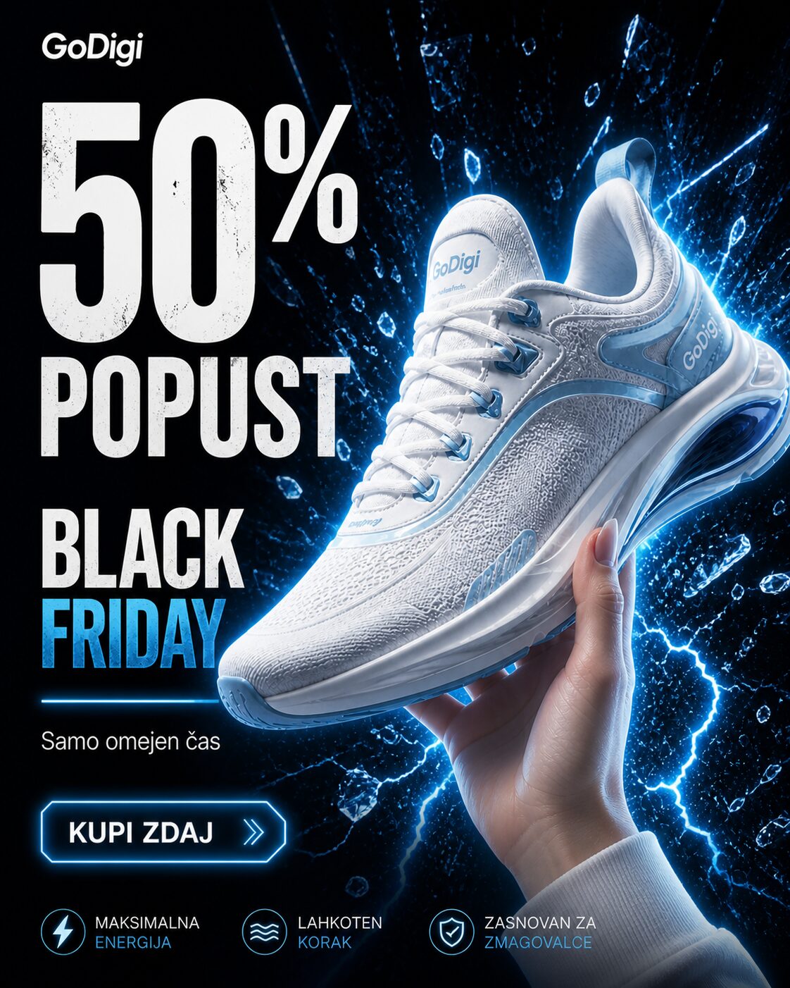 GoDigi Black Friday oglas v pokončnem formatu 9:16 za Instagram story