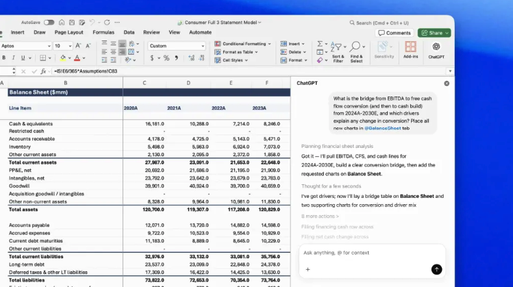 ChatGPT v Microsoft Excelu – analiza Balance Sheet